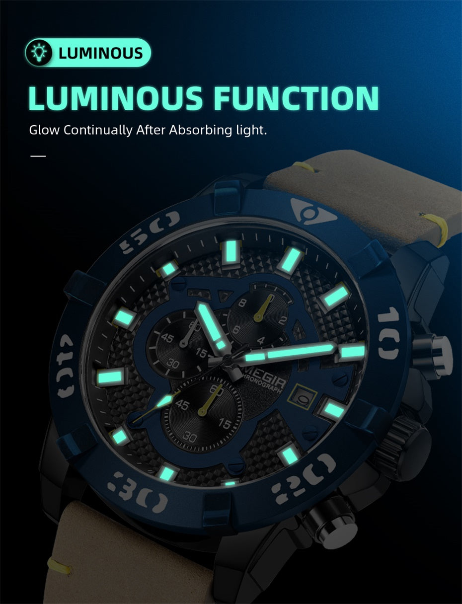 MEGIR Men Watches Fashion Luxury Big Dial Sports Watches Waterproof Quartz Wristwatch Chronograph Man Casual Luminous Clock 2136-6