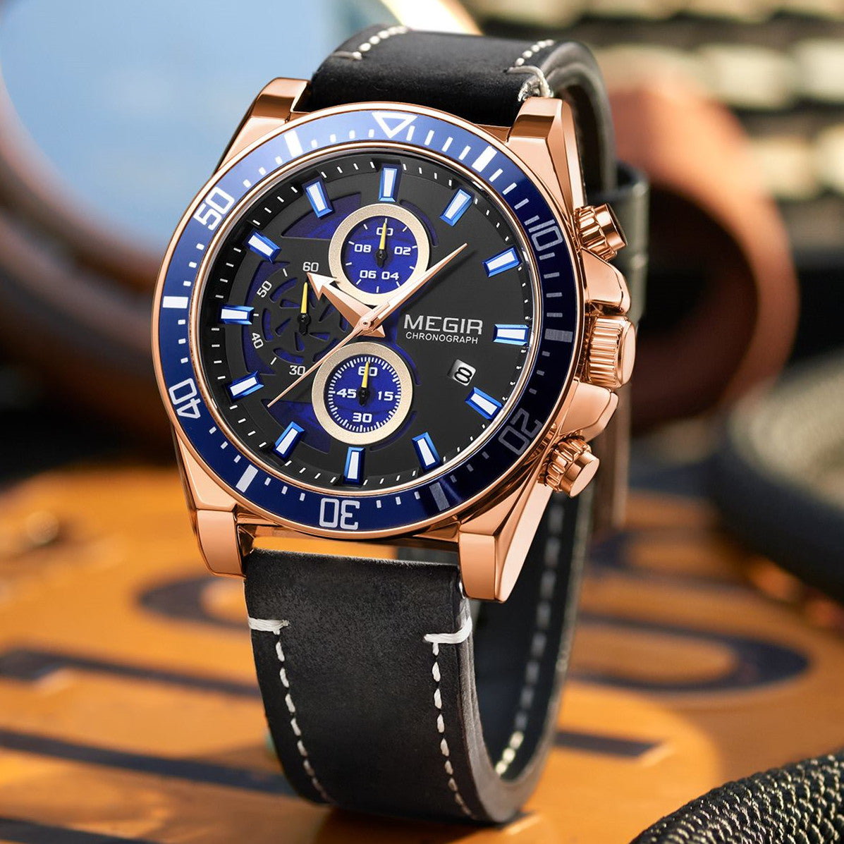 MEGIR men's military sport watch featuring a chronograph dial and a stitched genuine leather strap — view 6