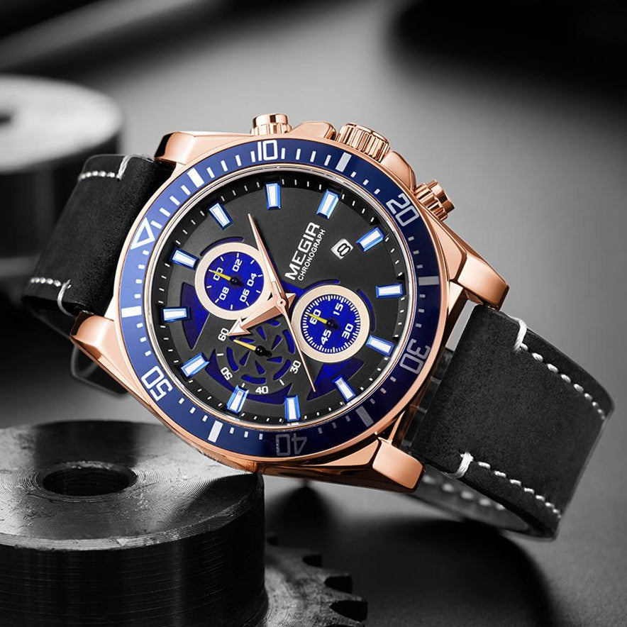 MEGIR men's military sport watch featuring a chronograph dial and a stitched genuine leather strap — view 7