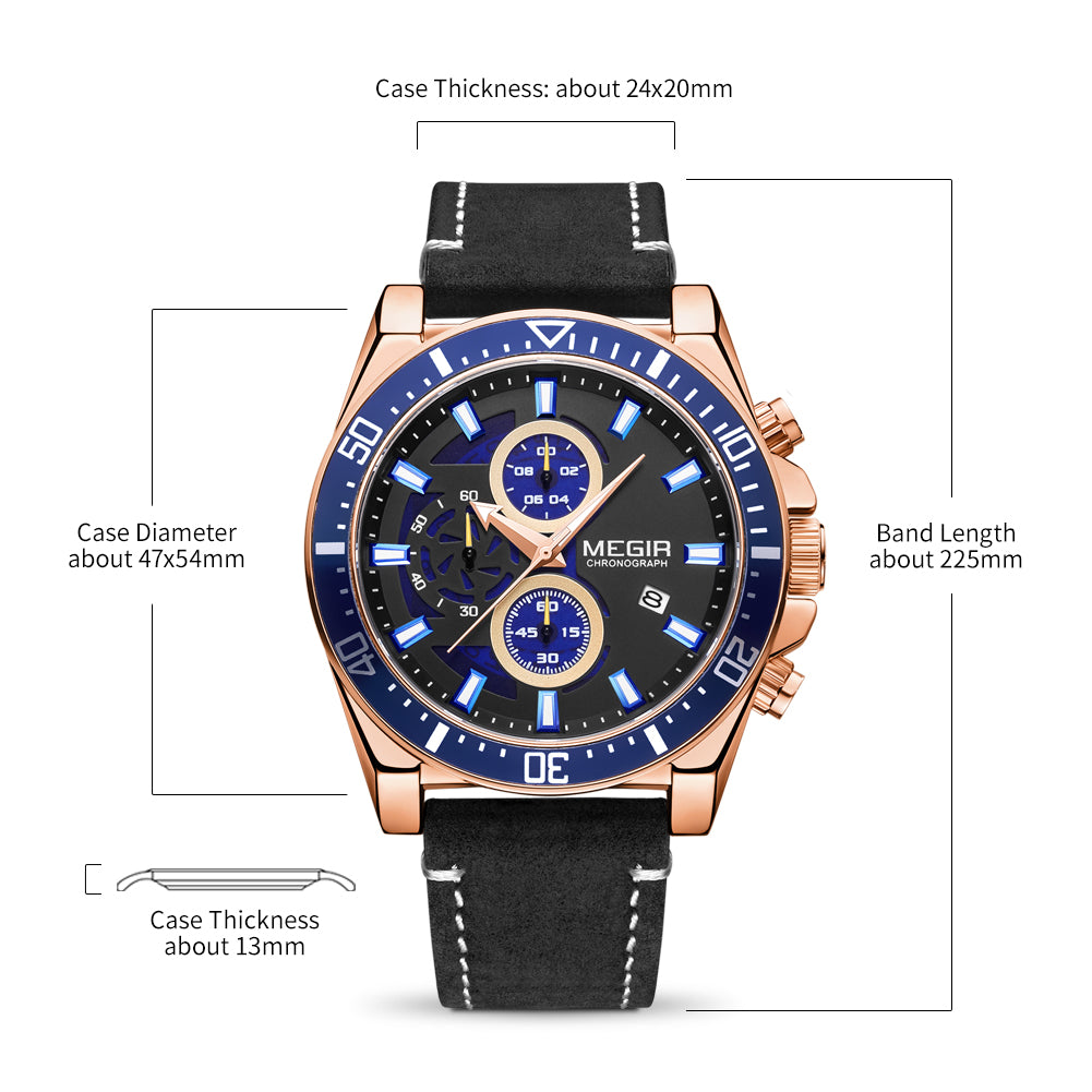 MEGIR men's military sport watch featuring a chronograph dial and a stitched genuine leather strap — view 13