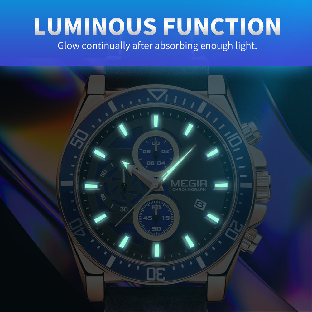MEGIR men's military sport watch featuring a chronograph dial and a stitched genuine leather strap — view 10