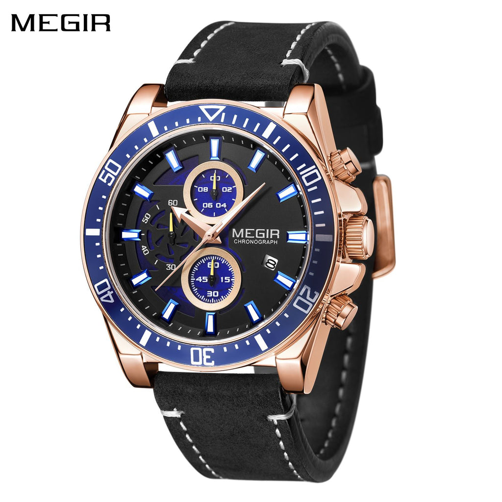 MEGIR men's military sport watch featuring a chronograph dial and a stitched genuine leather strap