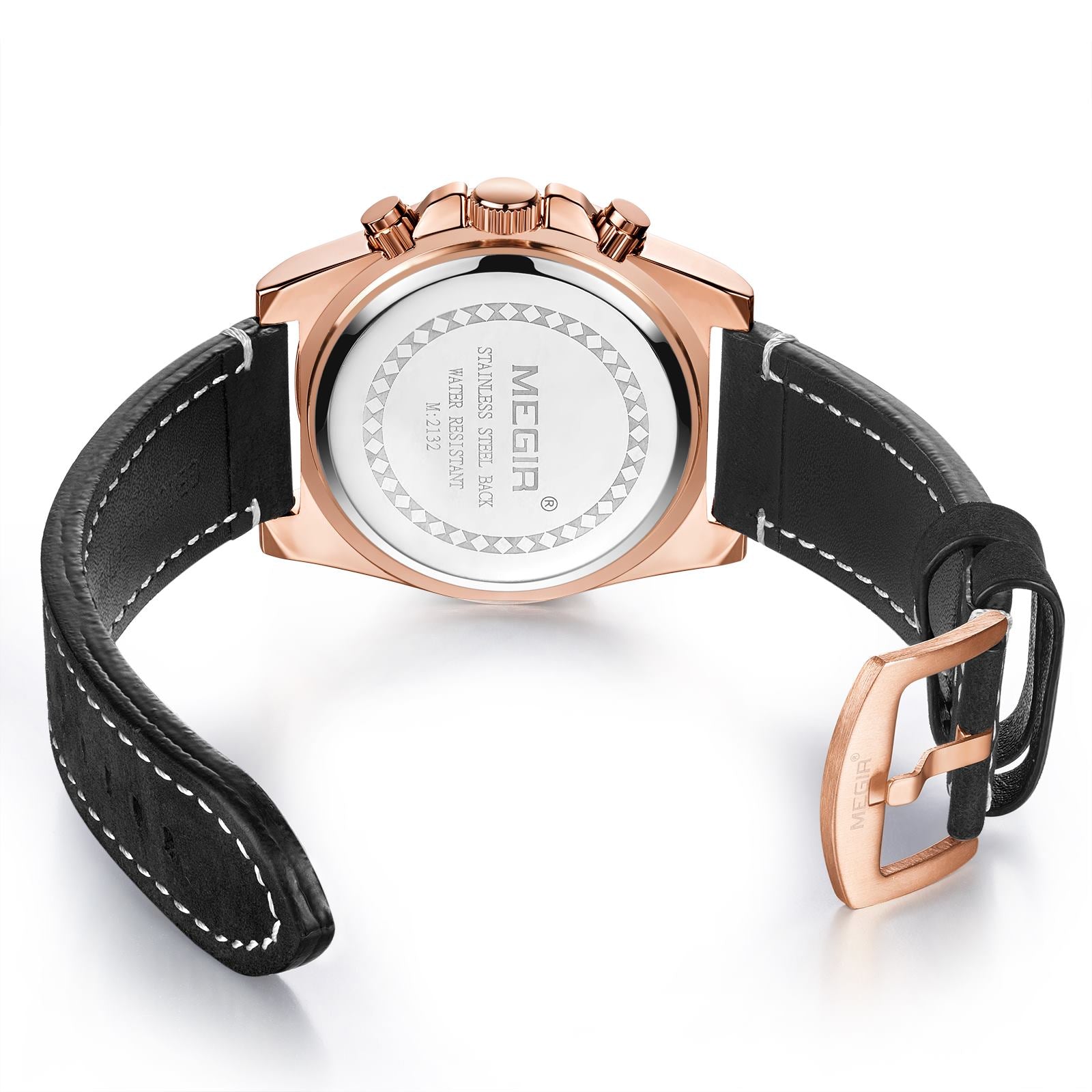MEGIR men's military sport watch featuring a chronograph dial and a stitched genuine leather strap — view 18
