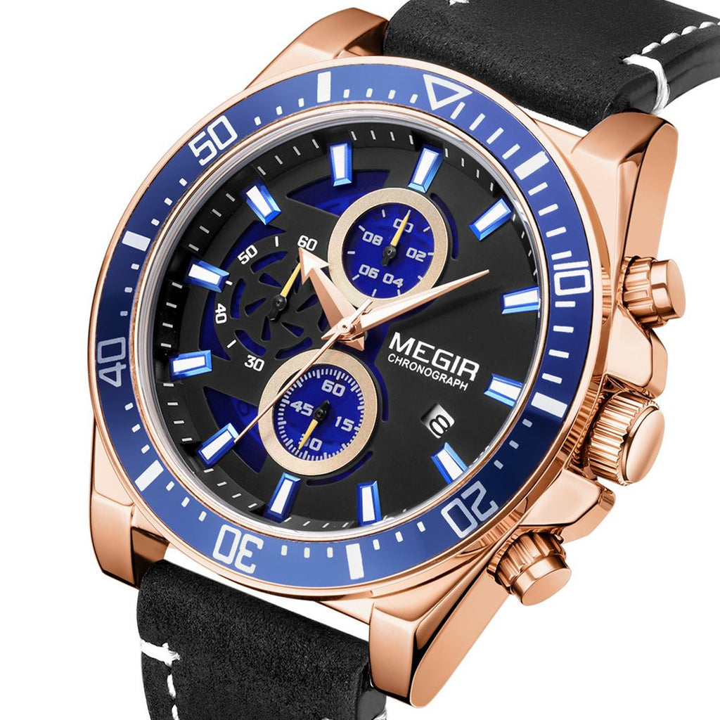 MEGIR men's military sport watch featuring a chronograph dial and a stitched genuine leather strap — view 14