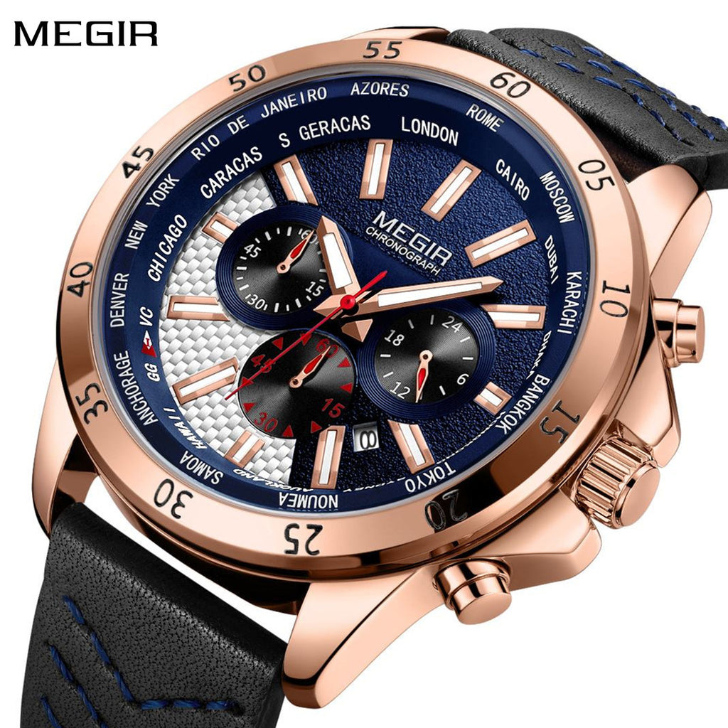 MEGIR Men Sport Watch Luxury Leather Strap Casual Quartz Chronograph Waterproof Luminous Male Wristwatch Relogio Masculino 2103-0