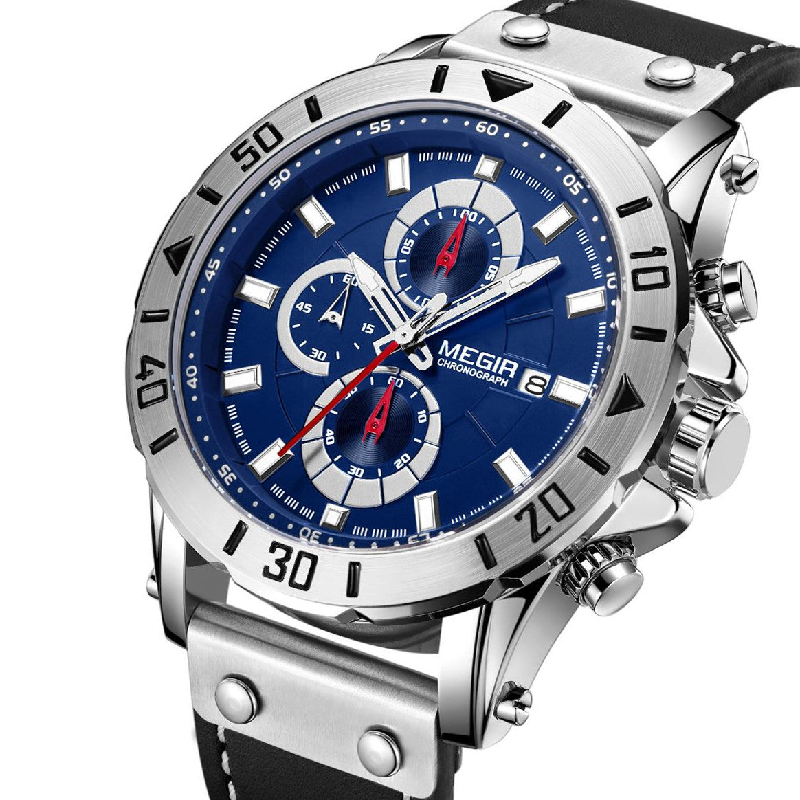 MEGIR men's military sport watch with genuine leather band, chronograph dials, and bold zinc alloy case — view 9