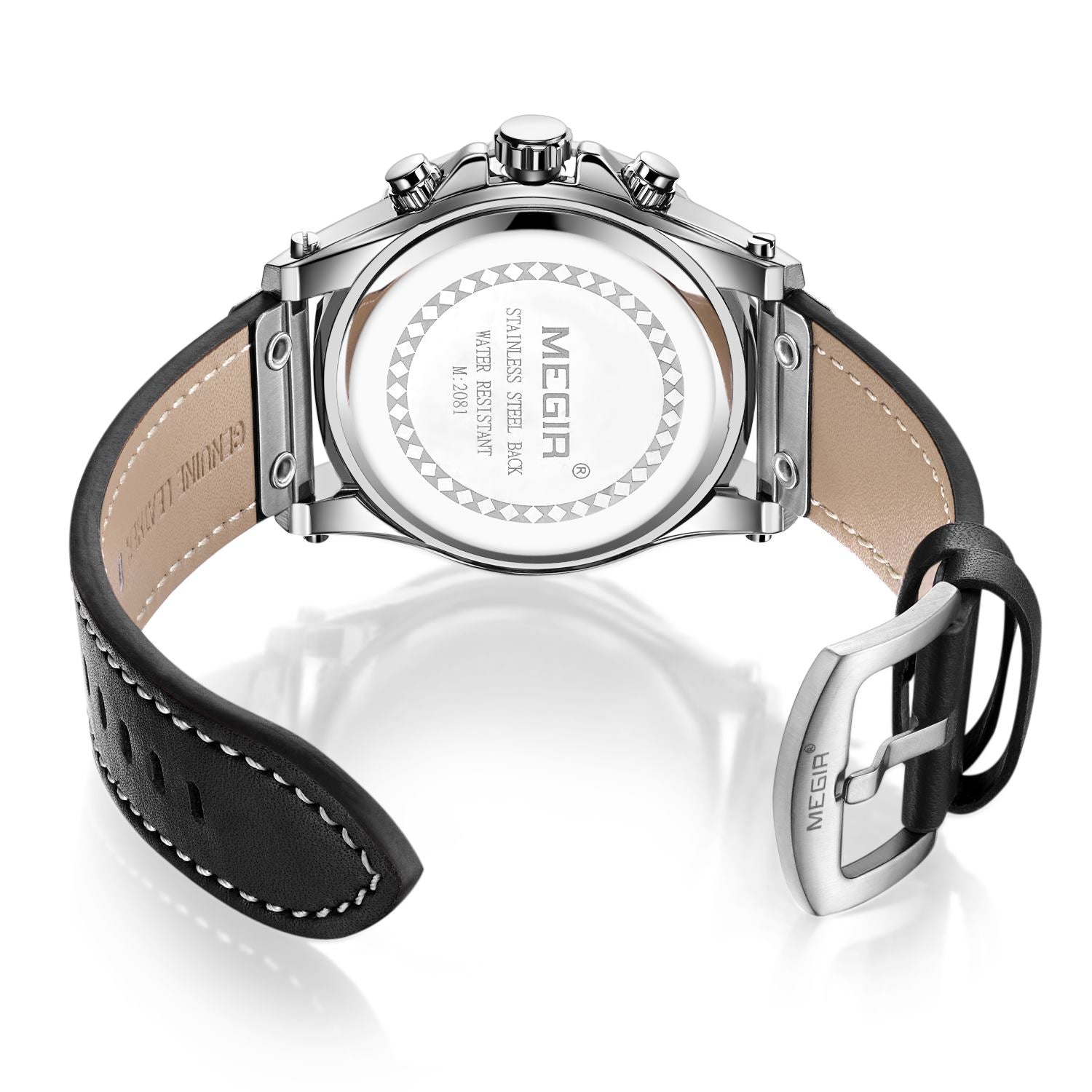 MEGIR men's military sport watch with genuine leather band, chronograph dials, and bold zinc alloy case — view 13
