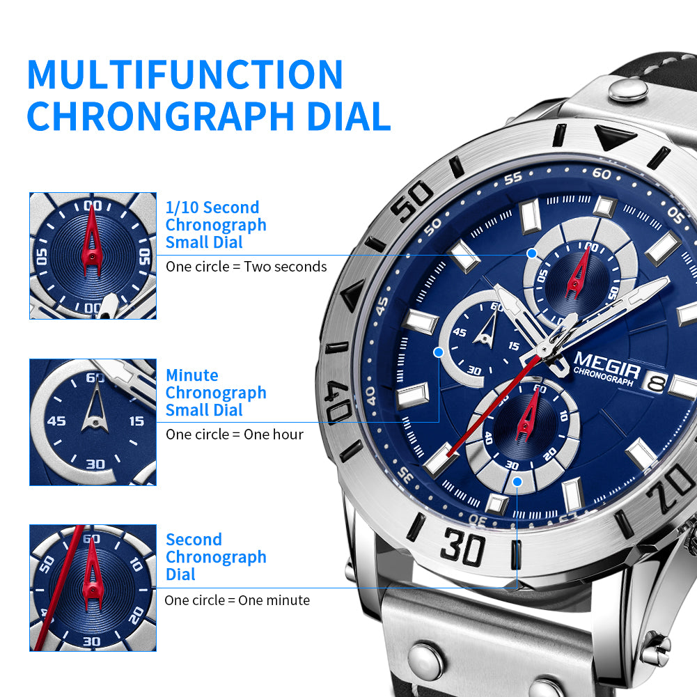 MEGIR men's military sport watch with genuine leather band, chronograph dials, and bold zinc alloy case — view 6