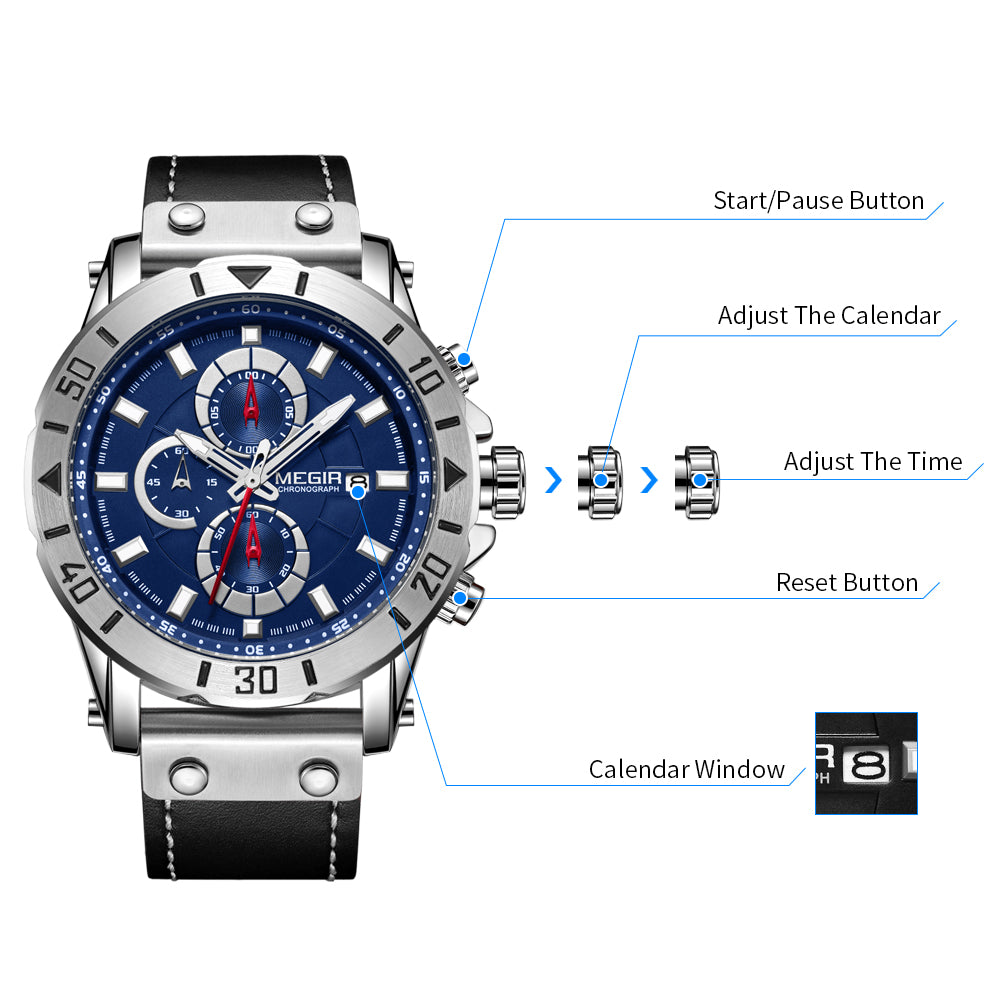 MEGIR men's military sport watch with genuine leather band, chronograph dials, and bold zinc alloy case — view 7