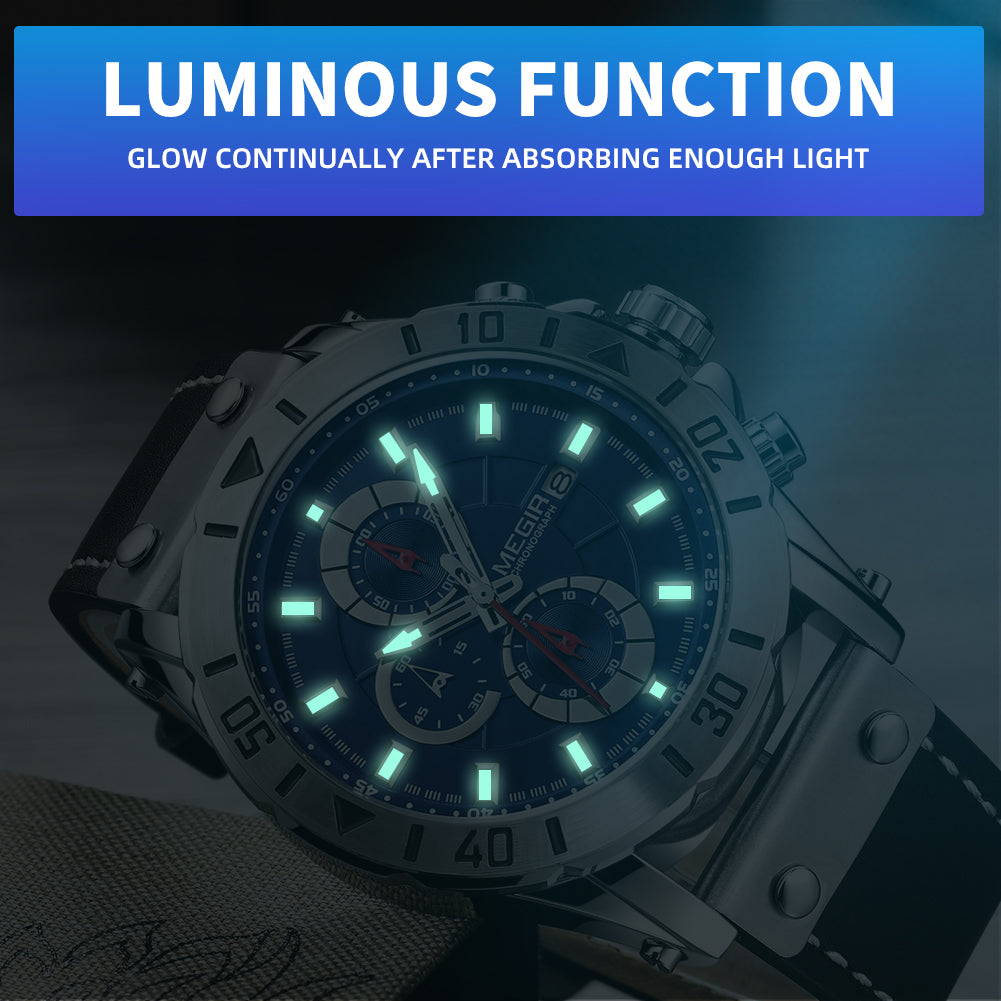 MEGIR men's military sport watch with genuine leather band, chronograph dials, and bold zinc alloy case — view 5