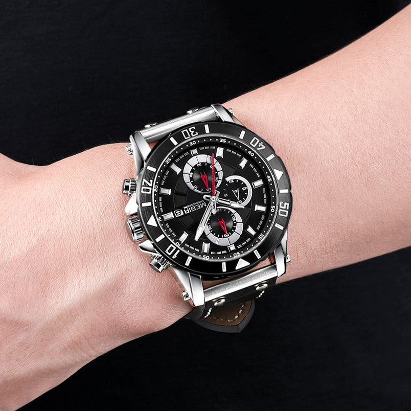 MEGIR men's military sport watch with genuine leather band, chronograph dials, and bold zinc alloy case — view 4