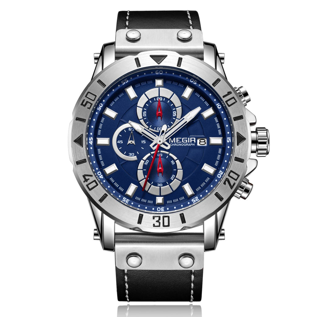 MEGIR men's military sport watch with genuine leather band, chronograph dials, and bold zinc alloy case — view 10