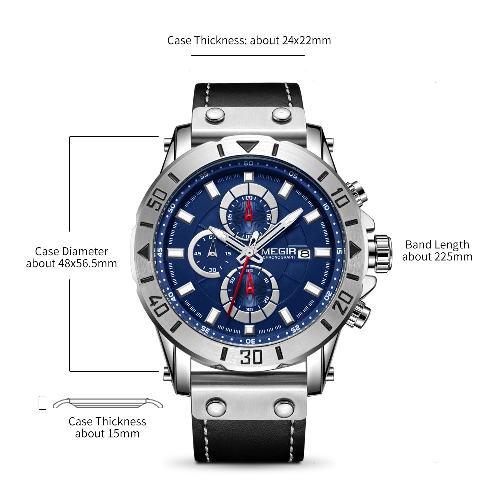 MEGIR men's military sport watch with genuine leather band, chronograph dials, and bold zinc alloy case — view 8