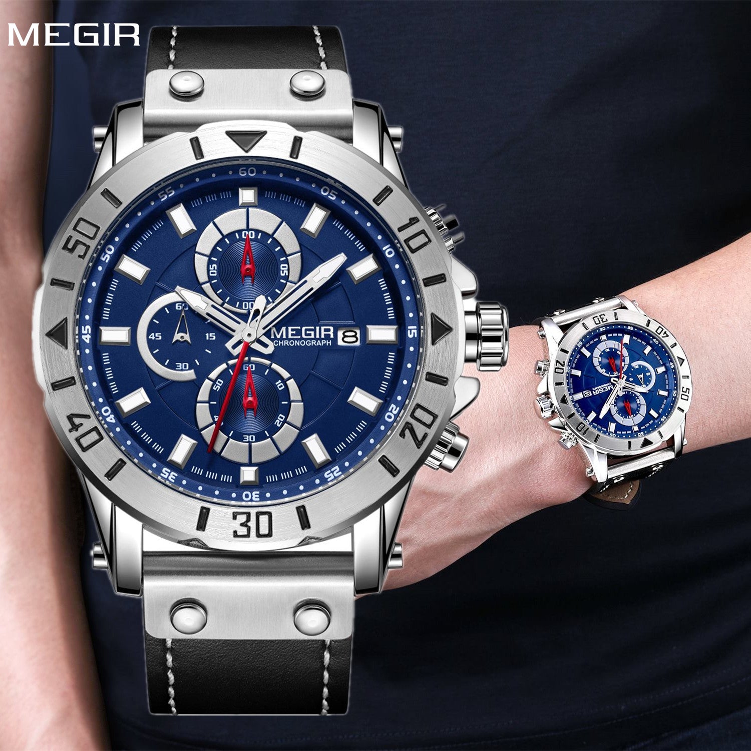 MEGIR men's military sport watch with genuine leather band, chronograph dials, and bold zinc alloy case