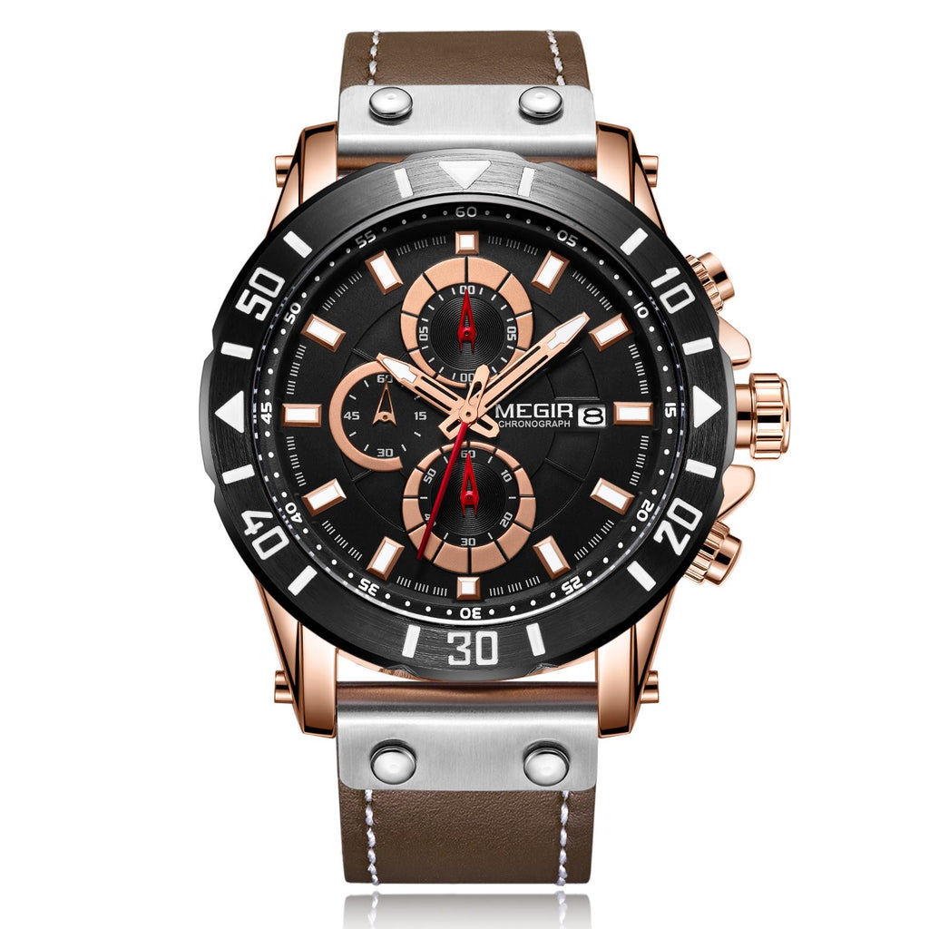 MEGIR men's military sport watch with genuine leather band, chronograph dials, and bold zinc alloy case — view 12
