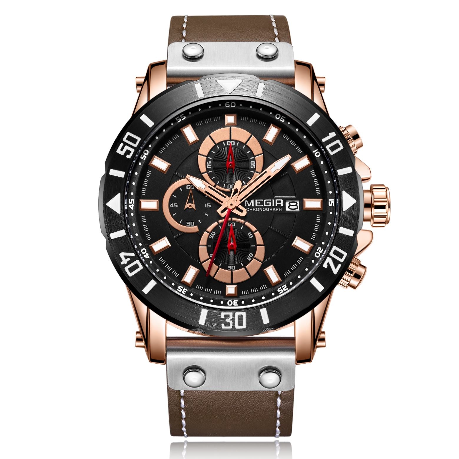 MEGIR men's military sport watch with genuine leather band, chronograph dials, and bold zinc alloy case — view 12
