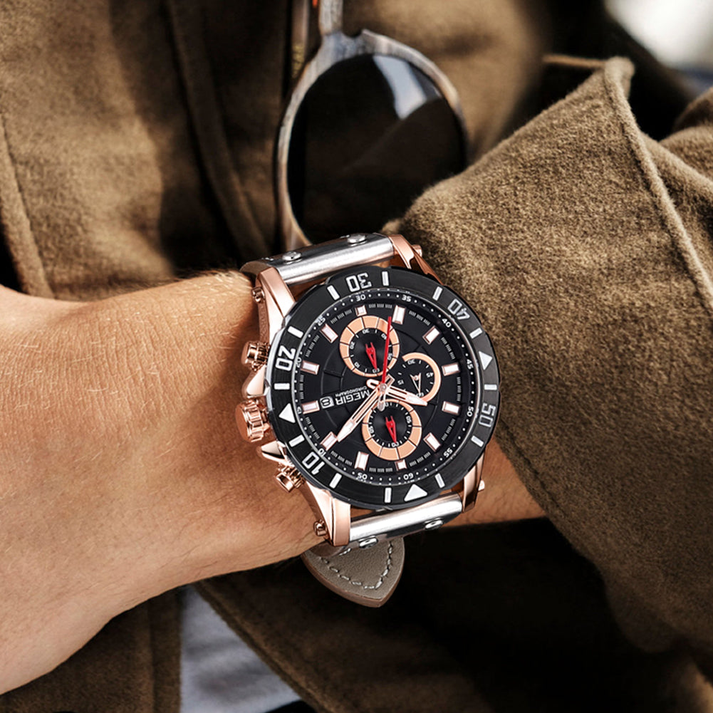 MEGIR men's military sport watch with genuine leather band, chronograph dials, and bold zinc alloy case — view 3