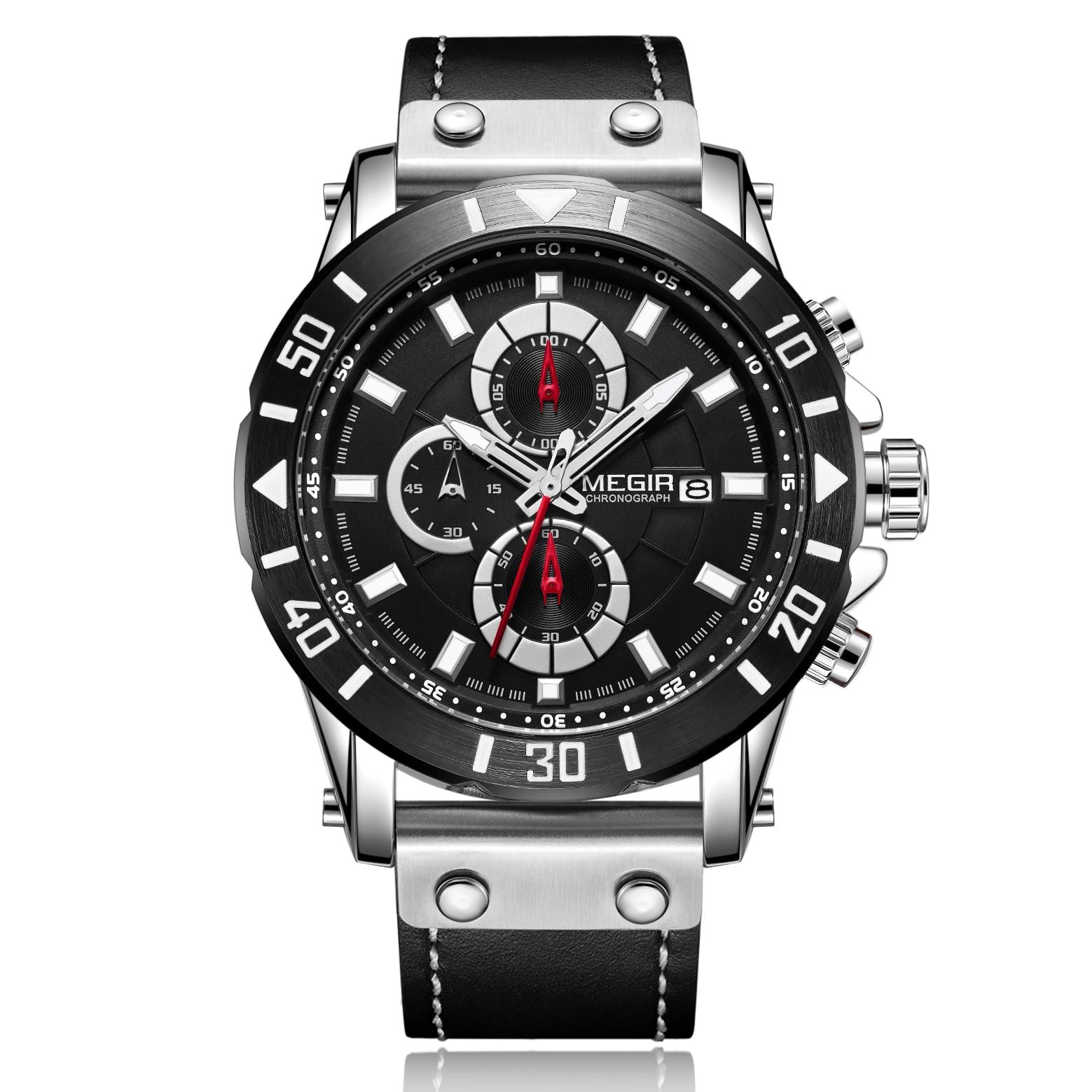 MEGIR men's military sport watch with genuine leather band, chronograph dials, and bold zinc alloy case — view 11