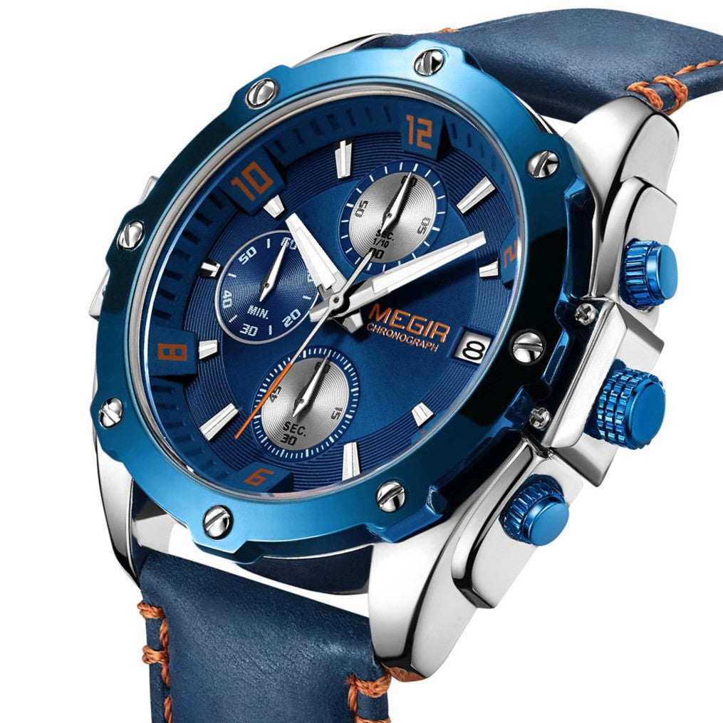 MEGIR men's chronograph watch with genuine leather strap, zinc alloy case, and multi-dial face. — view 13