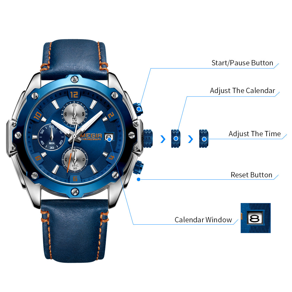 MEGIR men's chronograph watch with genuine leather strap, zinc alloy case, and multi-dial face. — view 8