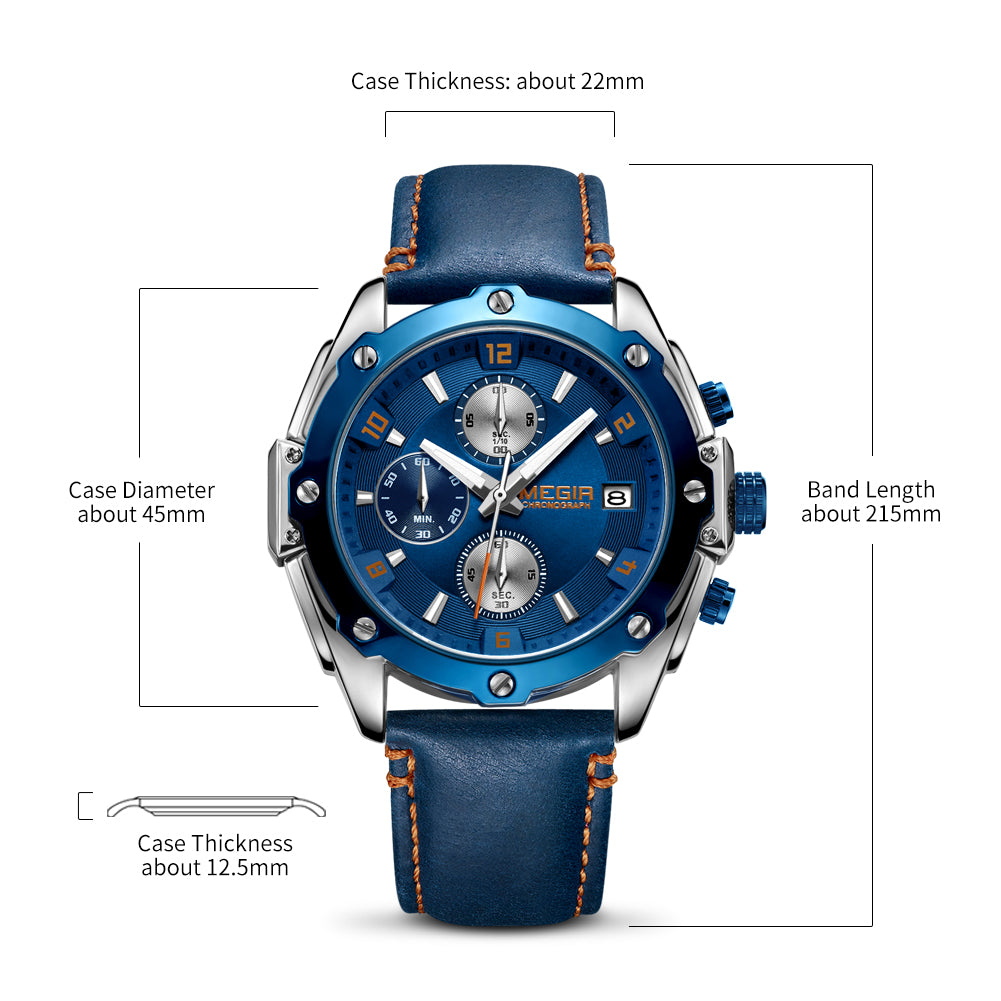 MEGIR men's chronograph watch with genuine leather strap, zinc alloy case, and multi-dial face. — view 9