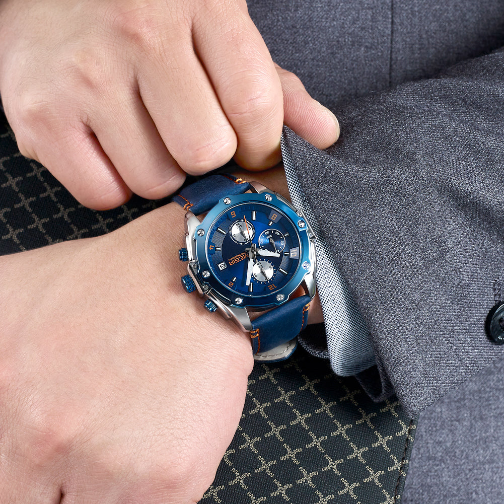 MEGIR men's chronograph watch with genuine leather strap, zinc alloy case, and multi-dial face. — view 2