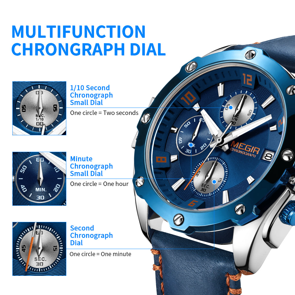MEGIR men's chronograph watch with genuine leather strap, zinc alloy case, and multi-dial face. — view 7