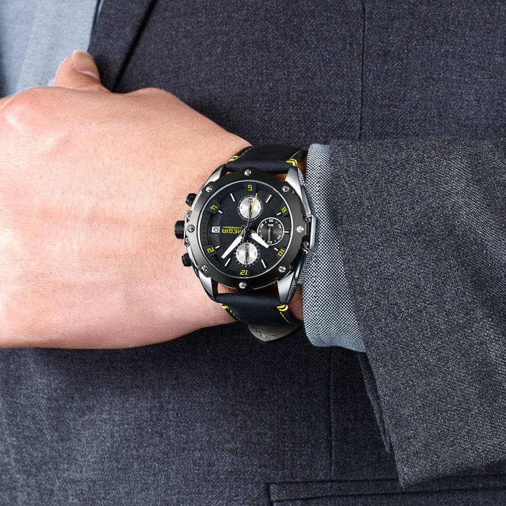 MEGIR men's chronograph watch with genuine leather strap, zinc alloy case, and multi-dial face. — view 5