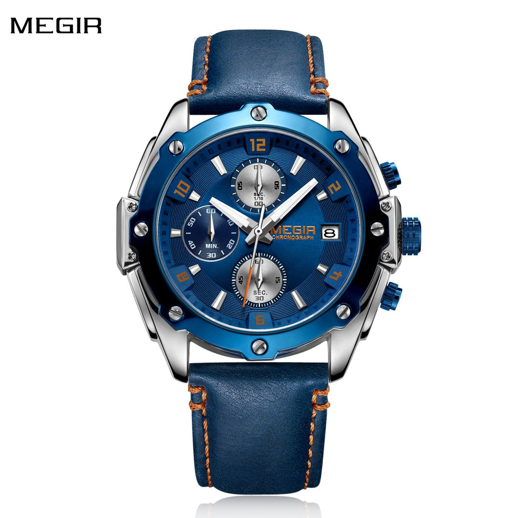 MEGIR men's chronograph watch with genuine leather strap, zinc alloy case, and multi-dial face.
