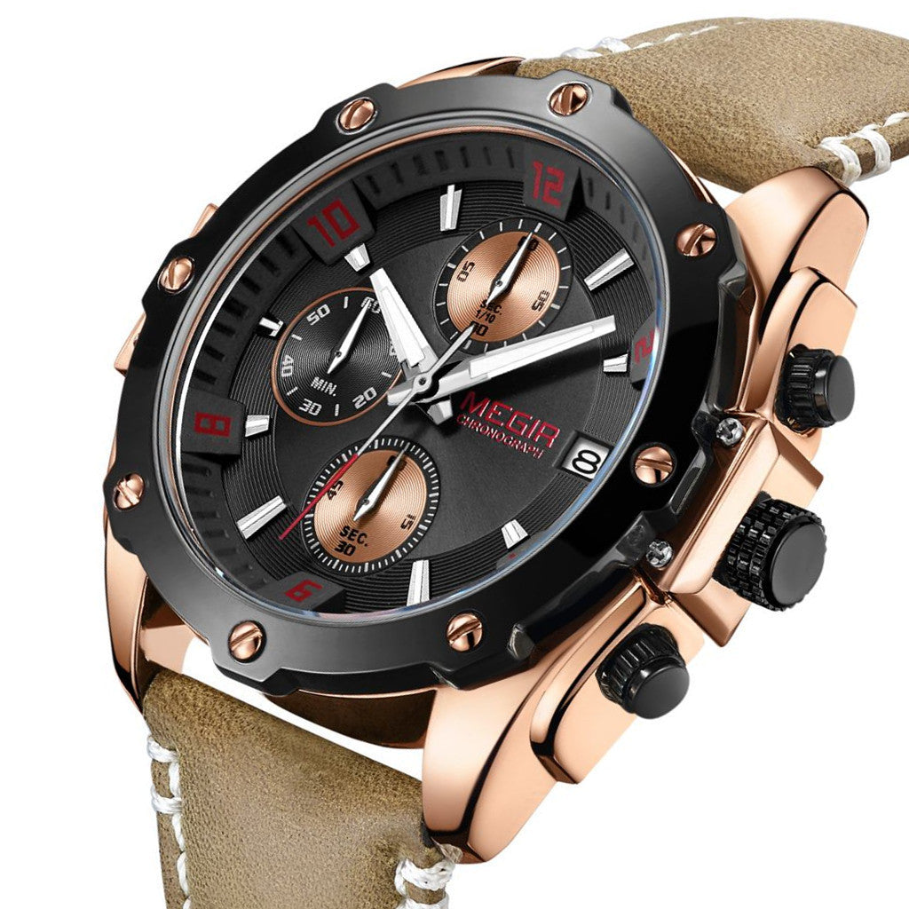 MEGIR men's chronograph watch with genuine leather strap, zinc alloy case, and multi-dial face. — view 12