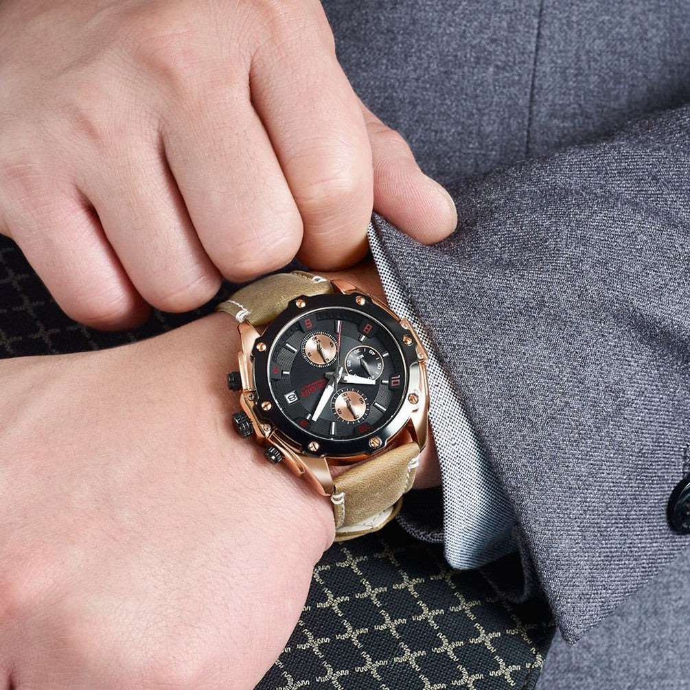 MEGIR men's chronograph watch with genuine leather strap, zinc alloy case, and multi-dial face. — view 3