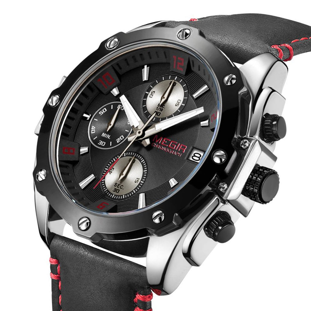 MEGIR men's chronograph watch with genuine leather strap, zinc alloy case, and multi-dial face. — view 10
