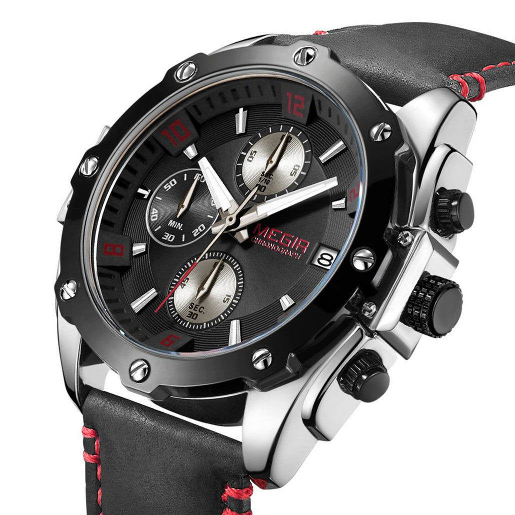 MEGIR men's chronograph watch with genuine leather strap, zinc alloy case, and multi-dial face. — view 10