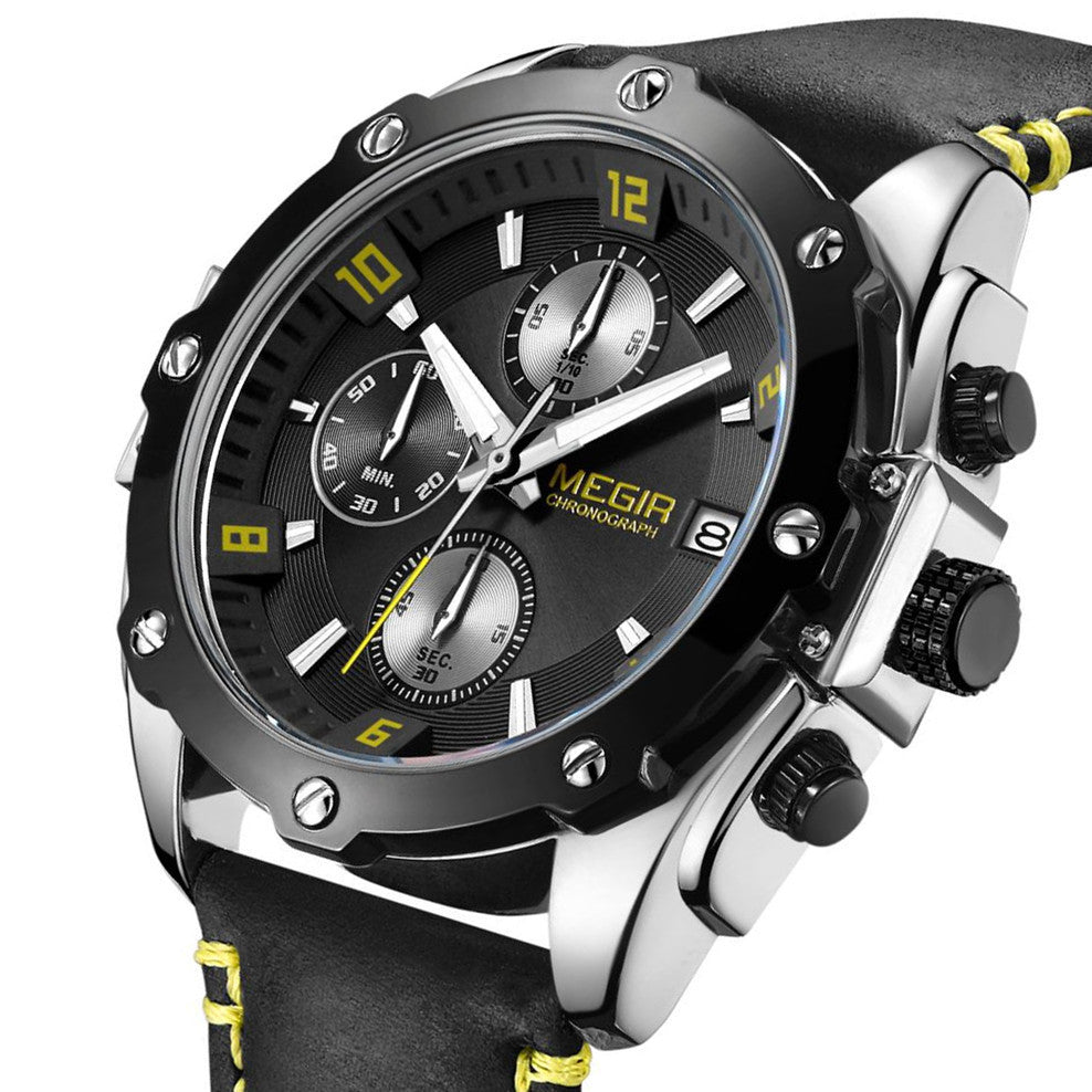 MEGIR men's chronograph watch with genuine leather strap, zinc alloy case, and multi-dial face. — view 11