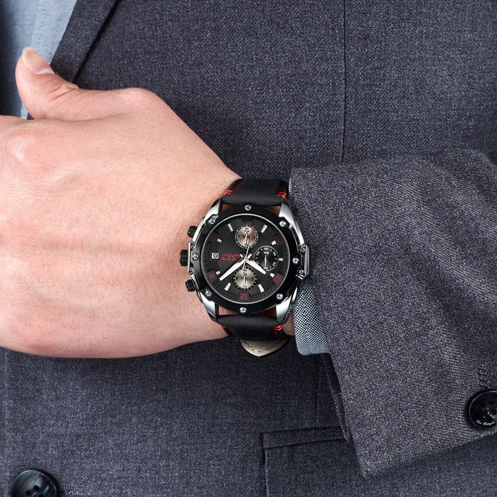 MEGIR men's chronograph watch with genuine leather strap, zinc alloy case, and multi-dial face. — view 4