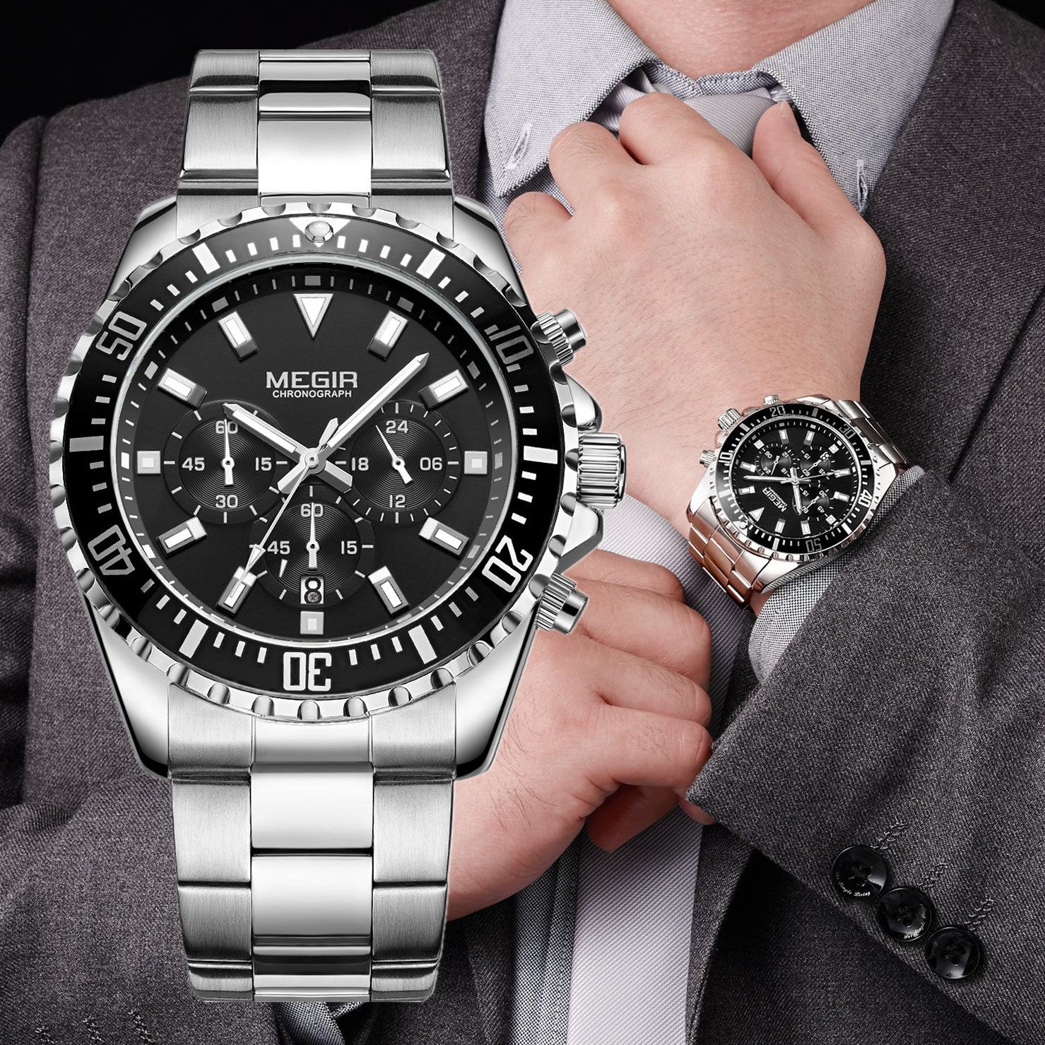 Megir luxury men's chronograph watch in stainless steel with military style dial