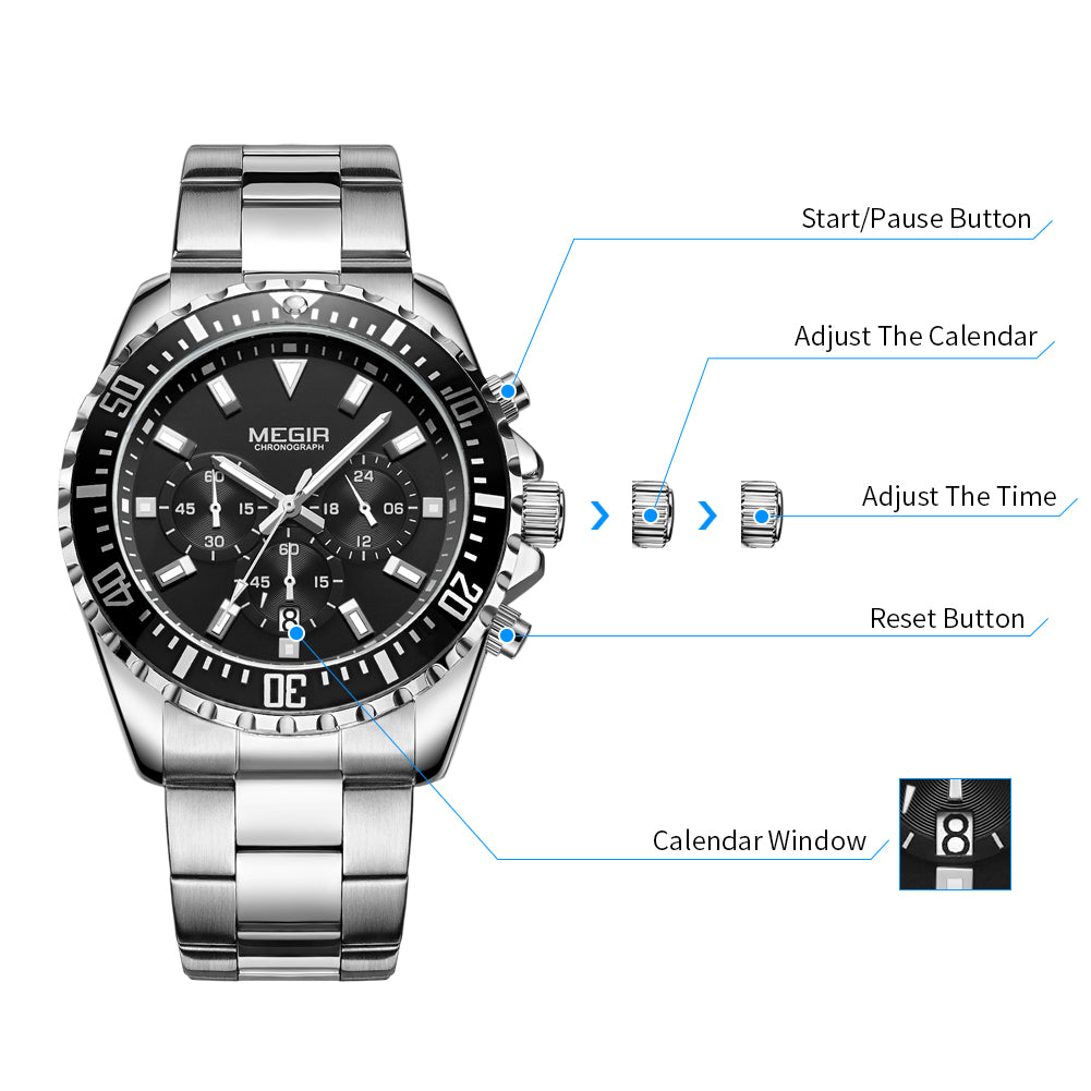 Megir luxury men's chronograph watch in stainless steel with military style dial — view 10