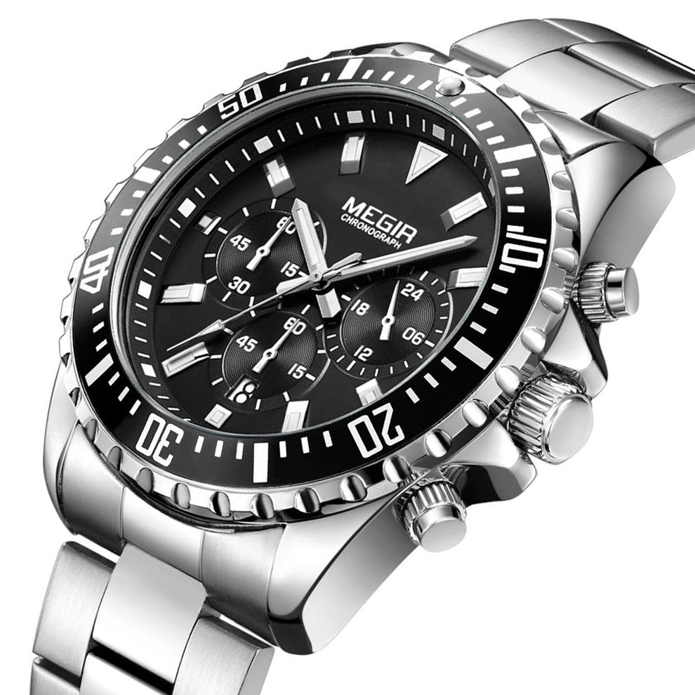 Megir luxury men's chronograph watch in stainless steel with military style dial — view 12