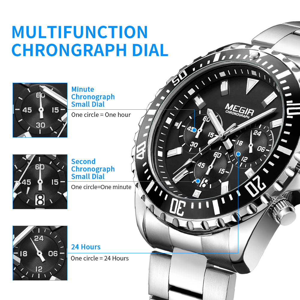 Megir luxury men's chronograph watch in stainless steel with military style dial — view 9