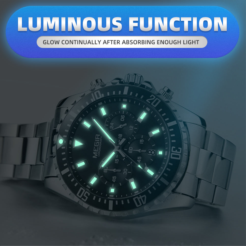 Megir luxury men's chronograph watch in stainless steel with military style dial — view 7
