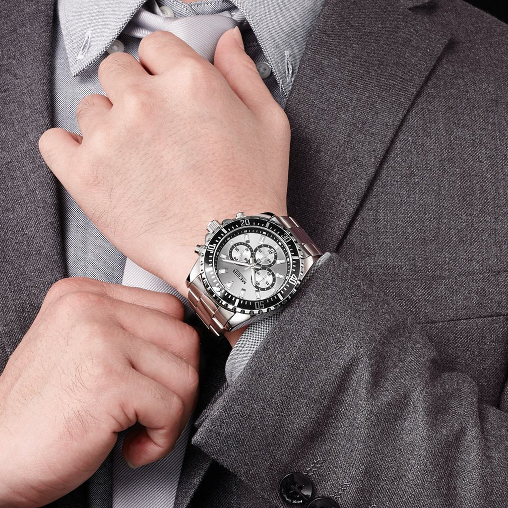 Megir luxury men's chronograph watch in stainless steel with military style dial — view 2