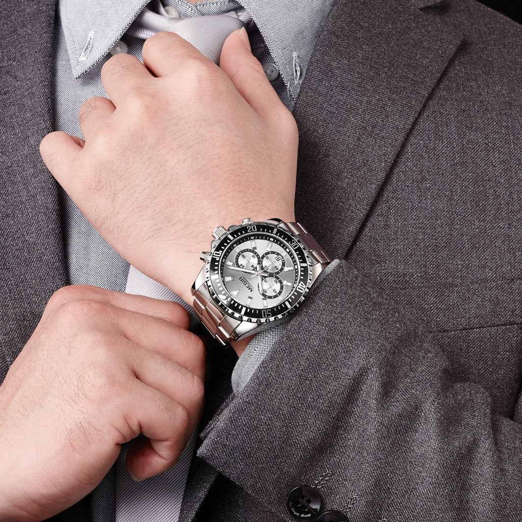 Megir luxury men's chronograph watch in stainless steel with military style dial — view 2