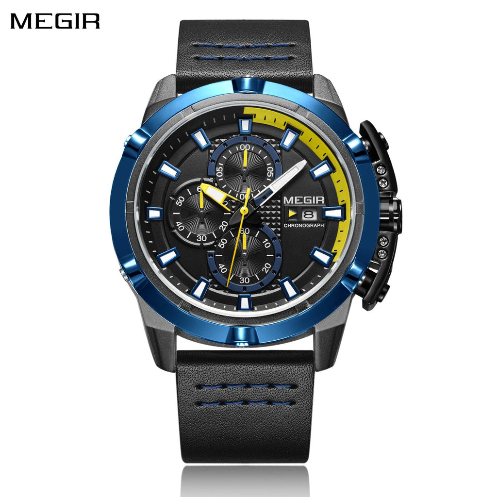 MEGIR men's chronograph watch featuring a 47mm zinc alloy case and genuine leather strap.