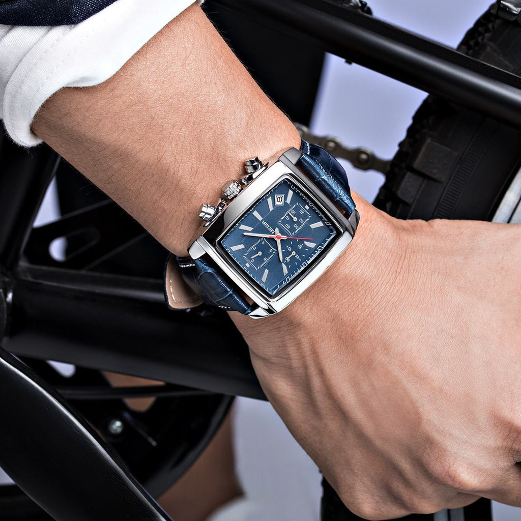 Mens rectangular military quartz watch with zinc alloy case and genuine leather strap — view 7