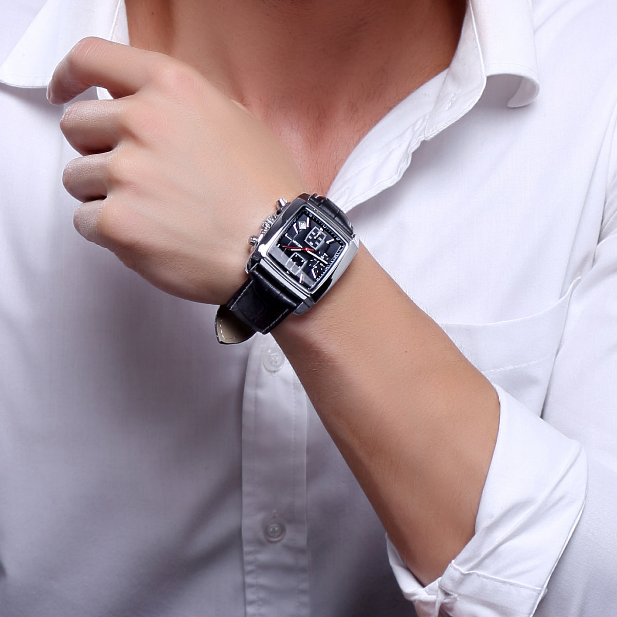 Mens rectangular military quartz watch with zinc alloy case and genuine leather strap — view 6