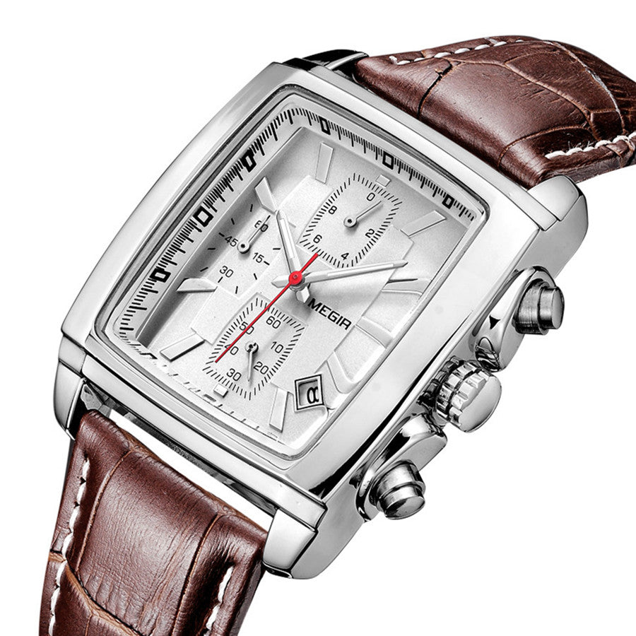Mens rectangular military quartz watch with zinc alloy case and genuine leather strap — view 13