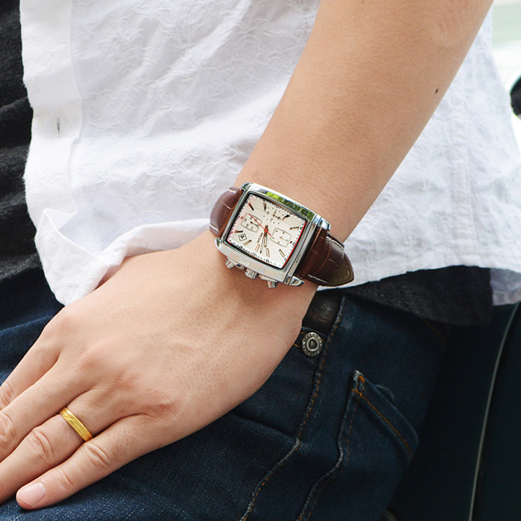 Mens rectangular military quartz watch with zinc alloy case and genuine leather strap — view 5