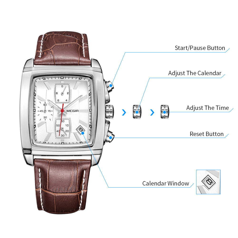 Mens rectangular military quartz watch with zinc alloy case and genuine leather strap — view 10