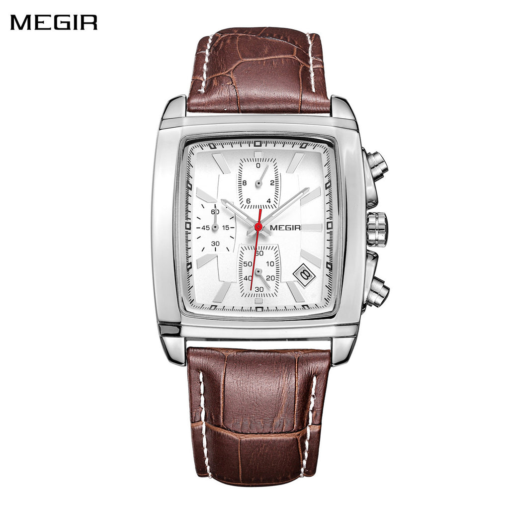 Mens rectangular military quartz watch with zinc alloy case and genuine leather strap
