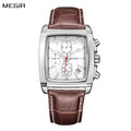 Mens rectangular military quartz watch with zinc alloy case and genuine leather strap